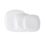 Vajilla para hostelería con iconos técnicos: lavavajillas 85°C, microondas, apilable, choque térmico y vitrificado — porcelana Bidasoa y vidrio opal Arcoroc