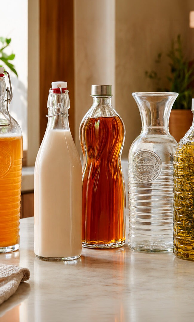 Diferentes botellas de cristal en usos creativos: kombucha, leche vegetal, sirope, aceite infusionado