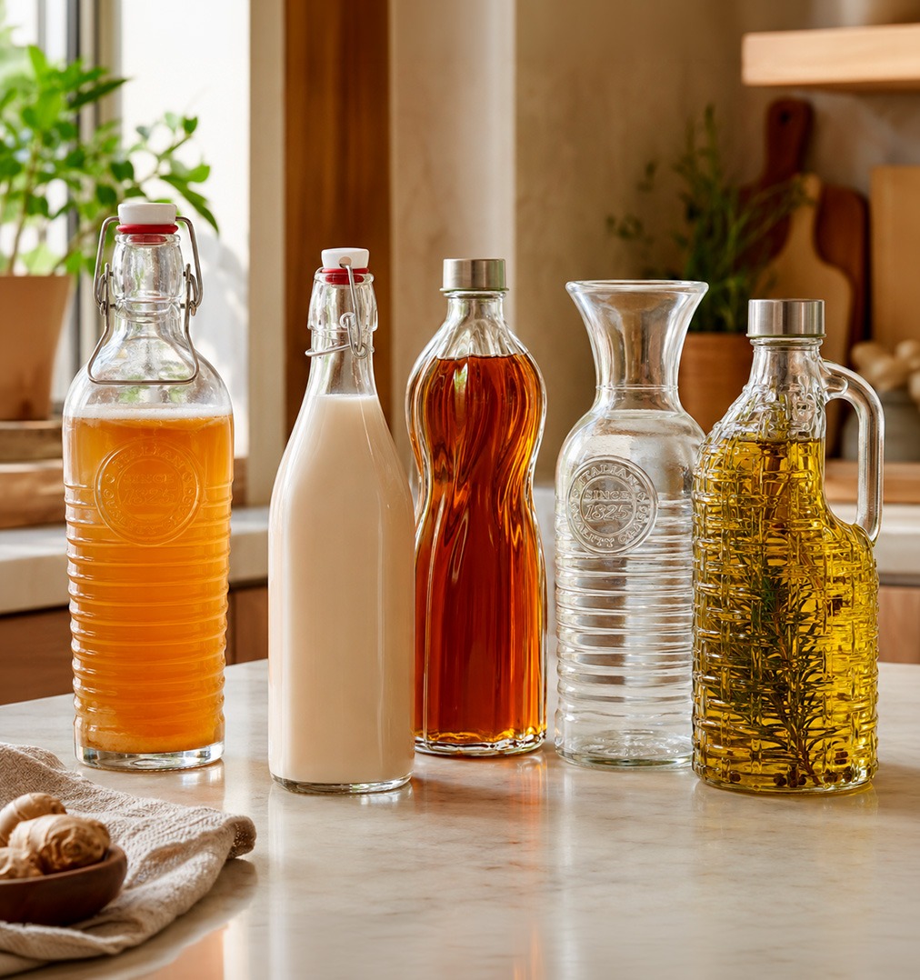 Diferentes botellas de cristal en usos creativos: kombucha, leche vegetal, sirope, aceite infusionado