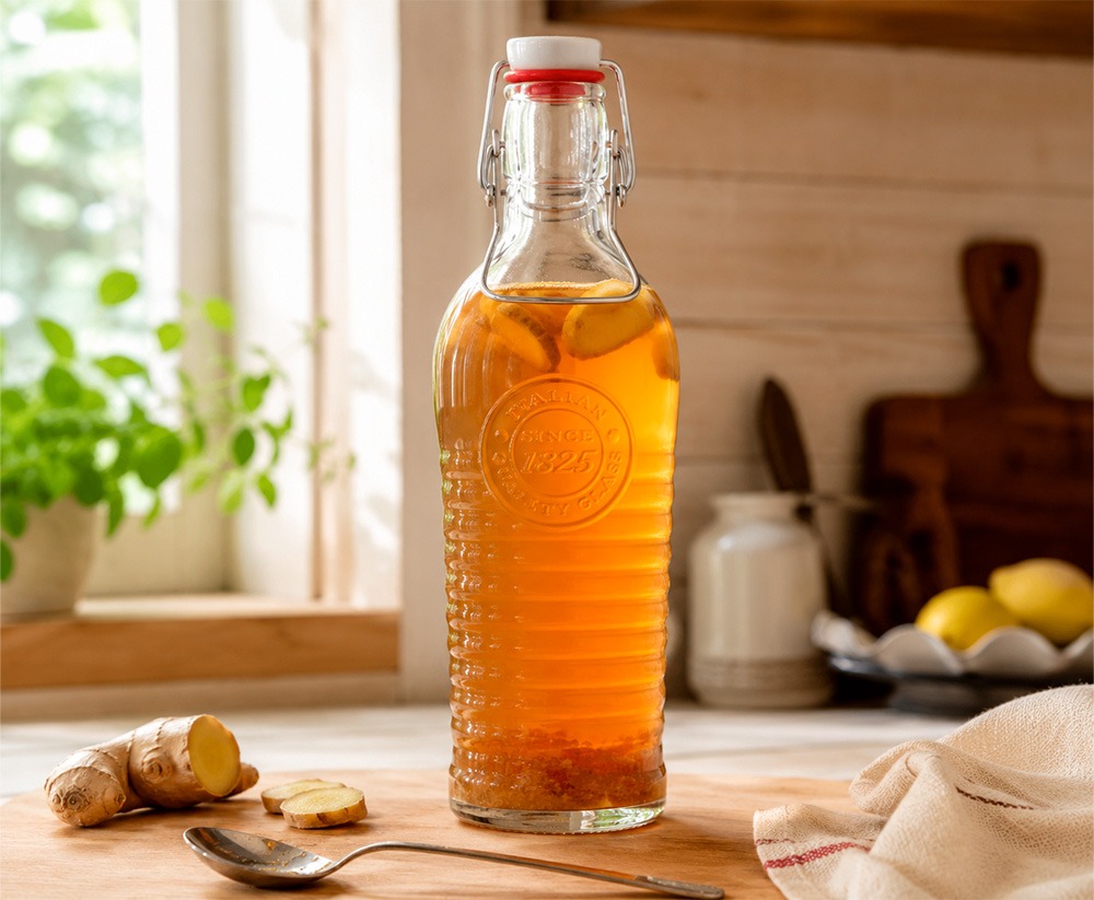 Diferentes botellas de cristal en usos creativos: kombucha, leche vegetal, sirope, aceite infusionado