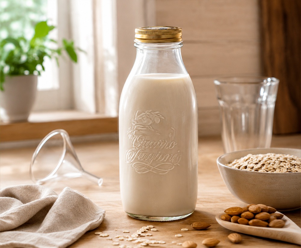 Diferentes botellas de cristal en usos creativos: kombucha, leche vegetal, sirope, aceite infusionado