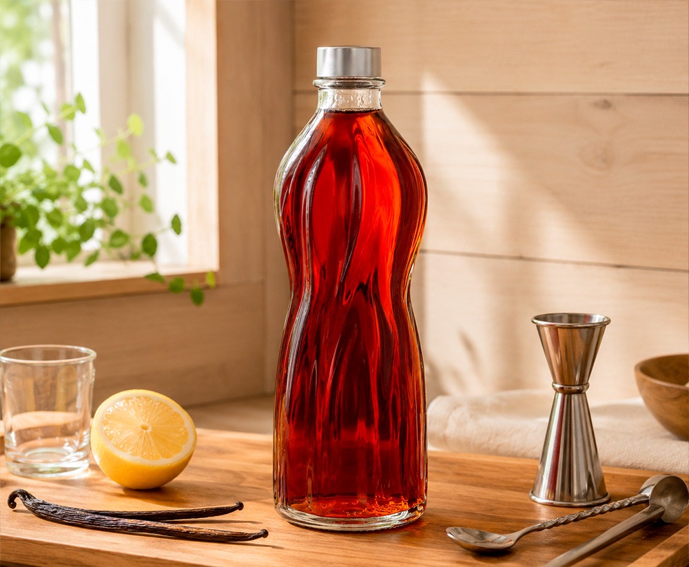 Diferentes botellas de cristal en usos creativos: kombucha, leche vegetal, sirope, aceite infusionado