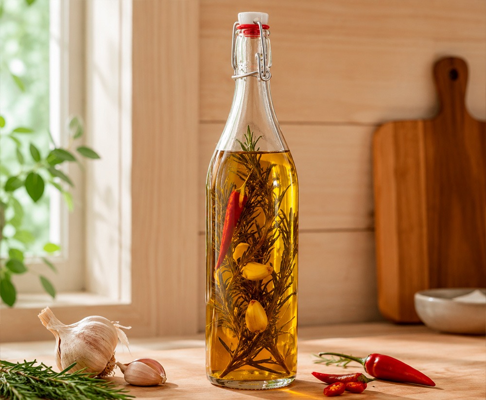 Diferentes botellas de cristal en usos creativos: kombucha, leche vegetal, sirope, aceite infusionado
