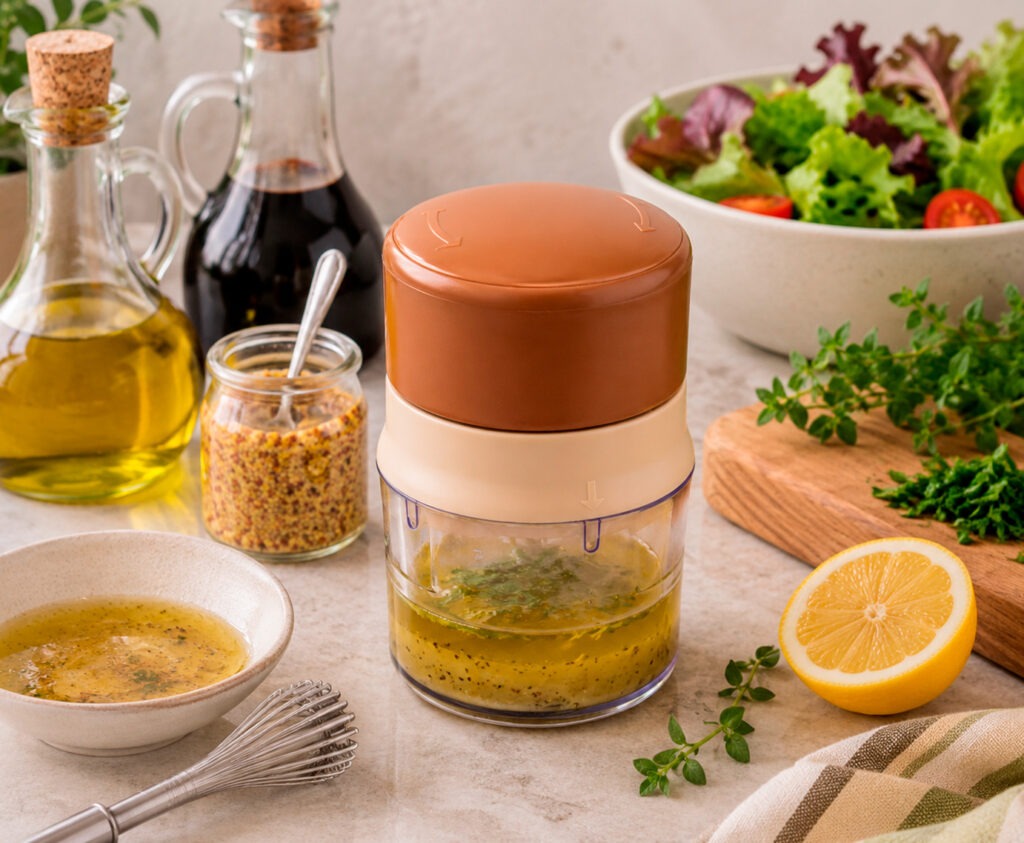 Perejil, cilantro, cebollino, albahaca: las hierbas frescas quedan perfectas en la picadora de alimentos. Introduce el manojo directamente, tira unas pocas veces de la cuerda y tienes hierbas picadas con el tamaño que quieras —grueso con pocos tirones, fino con más. Ideal para preparar picatostes, aliños o acabados de plato sin ensuciar tabla ni cuchillo. La picadora de verdura también hace bien el trabajo con menta para mojito o cócteles.