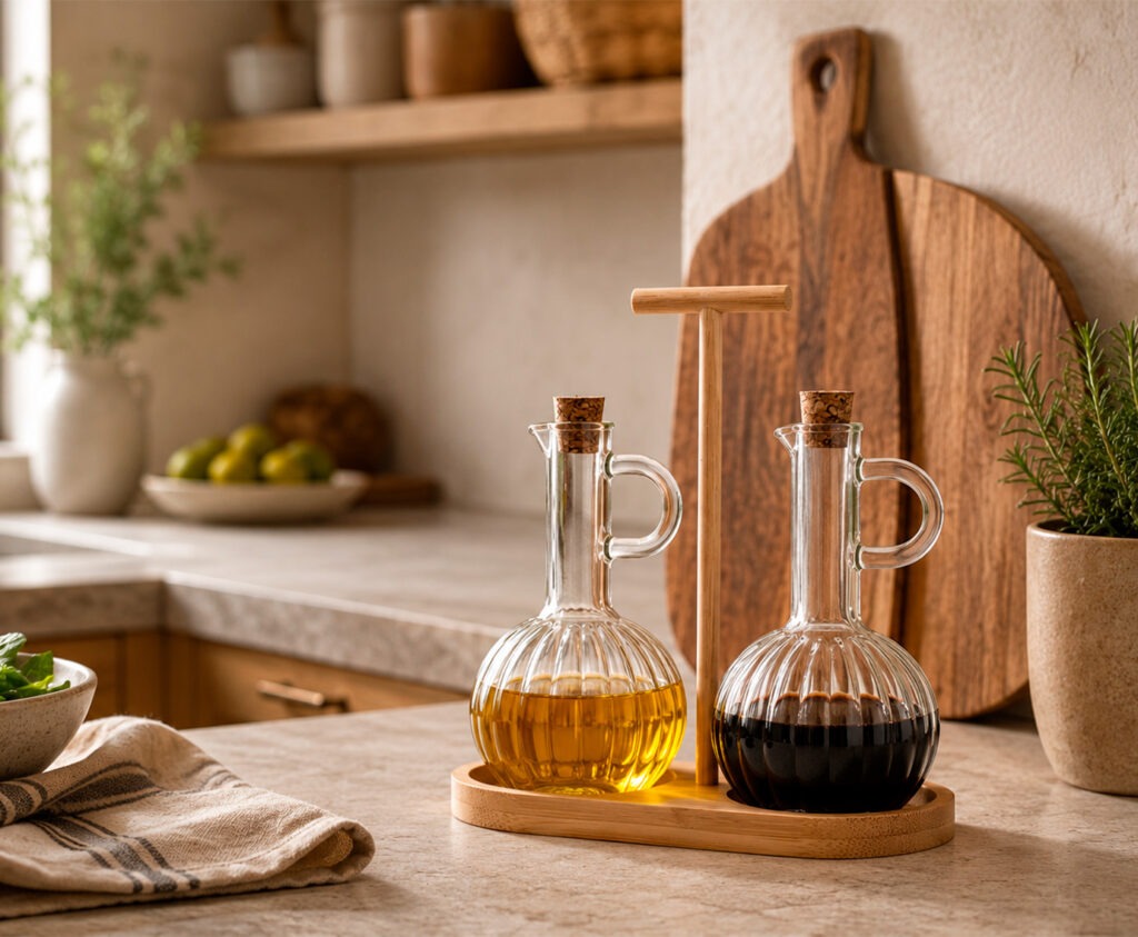 Aceiteras de cristal y acero inoxidable sobre encimera de cocina moderna