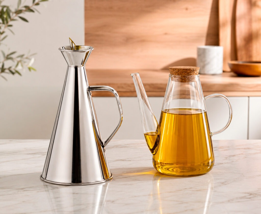 Aceiteras de cristal y acero inoxidable sobre encimera de cocina moderna