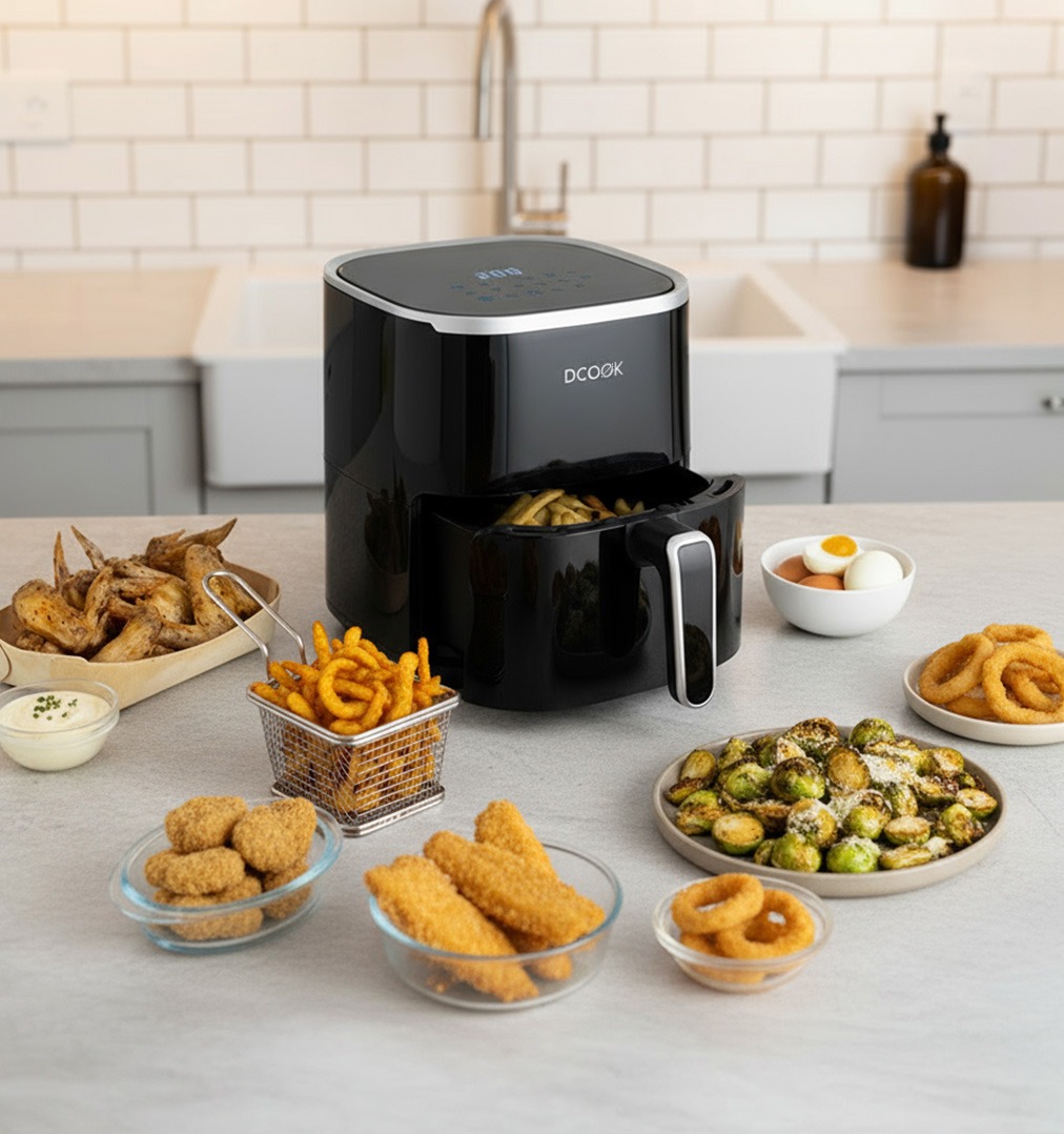 Airfryer junto a freidora tradicional con alimentos cocinados, mostrando diferencias de uso
