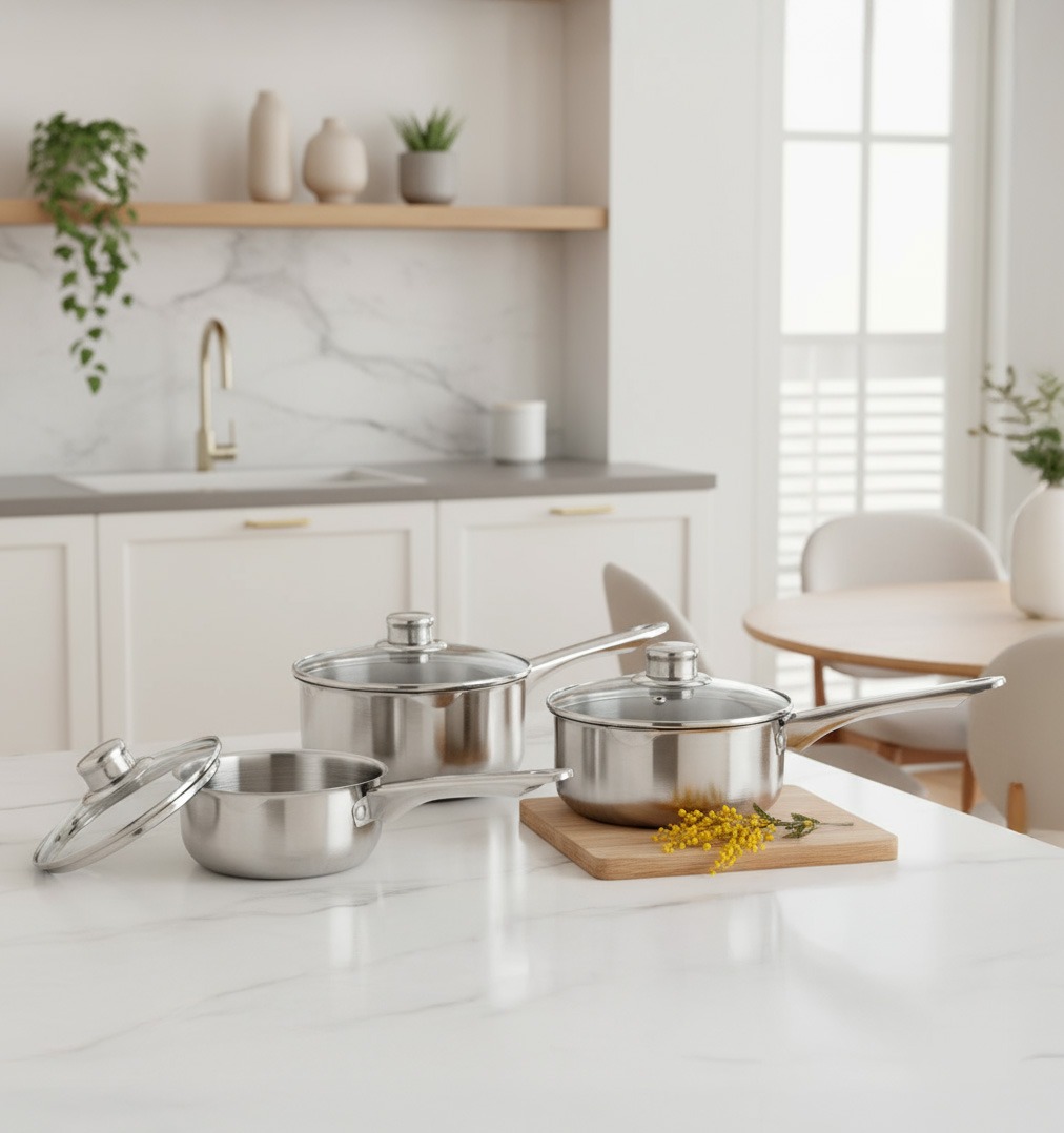 Batería de cocina moderna de acero y aluminio compatible con inducción