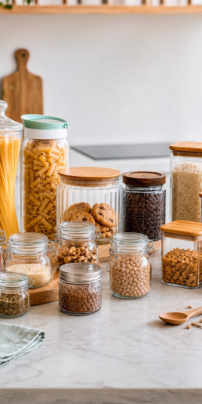 Botes de cristal con tapa de distintos tamaños con cereales, especias y legumbres ordenados en estantería de despensa