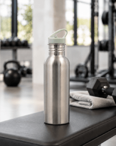 Botellas deportivas para gimnasio de vidrio plástico y acero sobre mesa con accesorios de entrenamiento