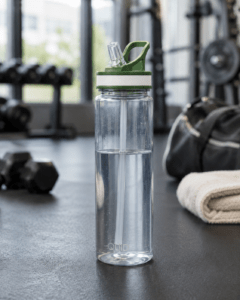 Botellas deportivas para gimnasio de vidrio plástico y acero sobre mesa con accesorios de entrenamiento
