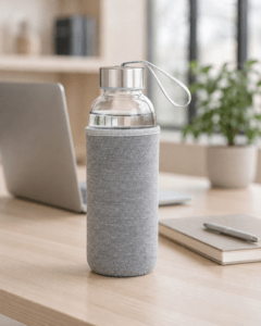 Botellas deportivas para gimnasio de vidrio plástico y acero sobre mesa con accesorios de entrenamiento