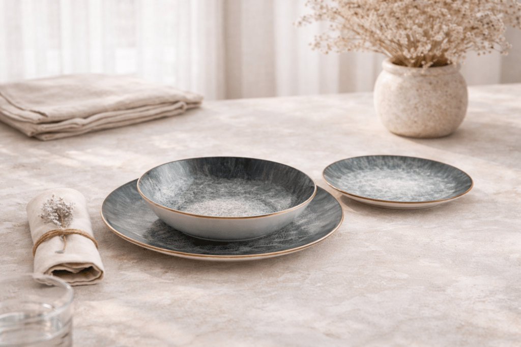 Vajilla de porcelana Bidasoa completa montada en mesa de comedor moderna