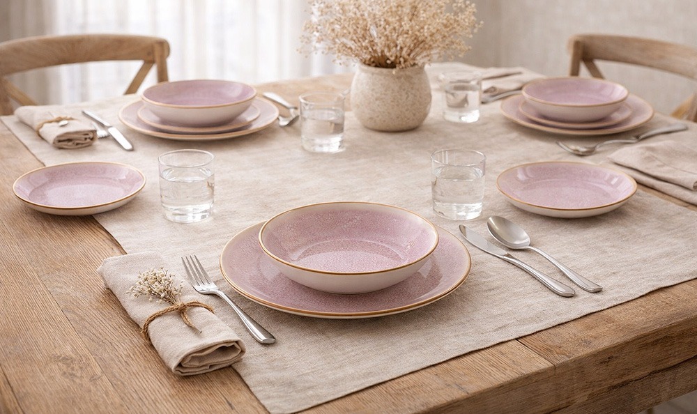 Vajilla de porcelana Bidasoa completa montada en mesa de comedor moderna