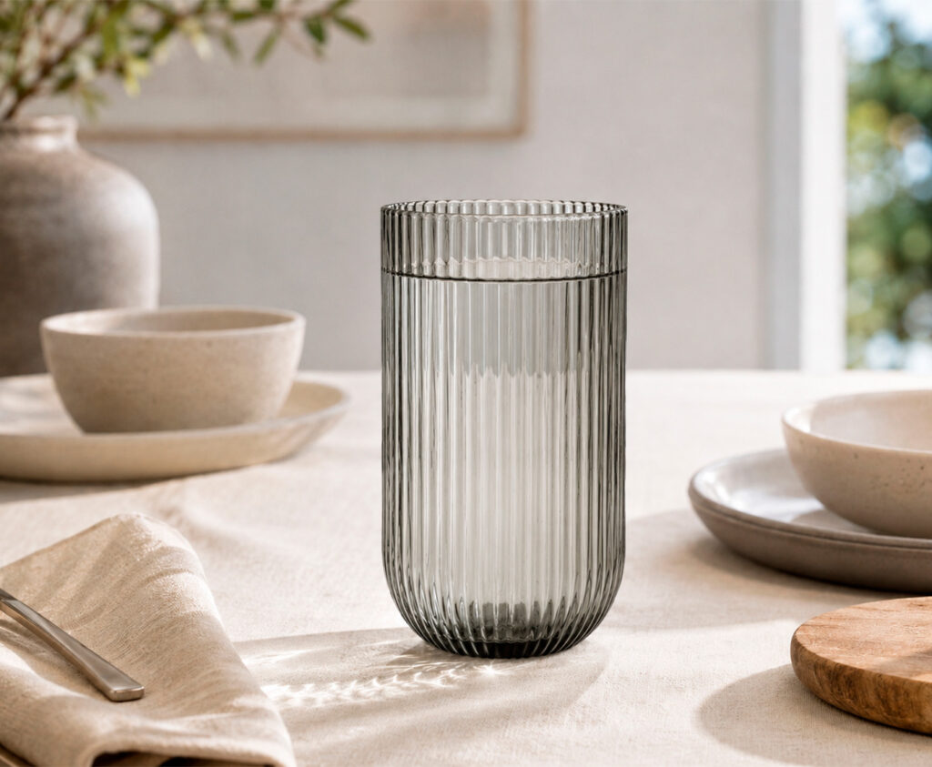 Vasos de cristal originales de colores y relieves distintos combinados en la misma mesa: Bidasoa, Luminarc y Bormioli Rocco