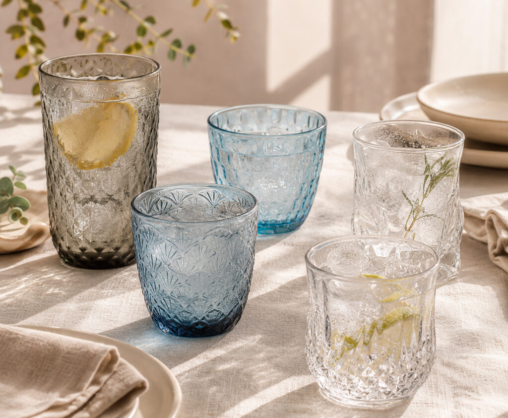 Vasos de cristal originales de colores y relieves distintos combinados en la misma mesa: Bidasoa, Luminarc y Bormioli Rocco