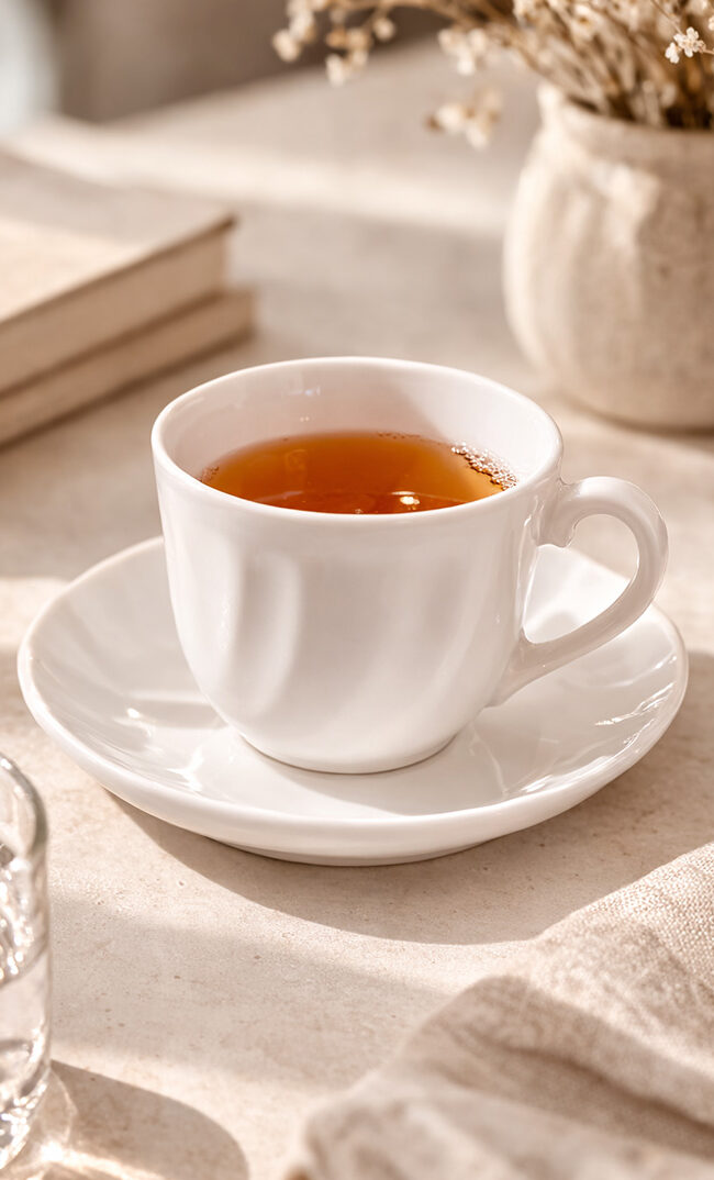 Juego de café perfecto con tazas y platillos en mesa de desayuno
