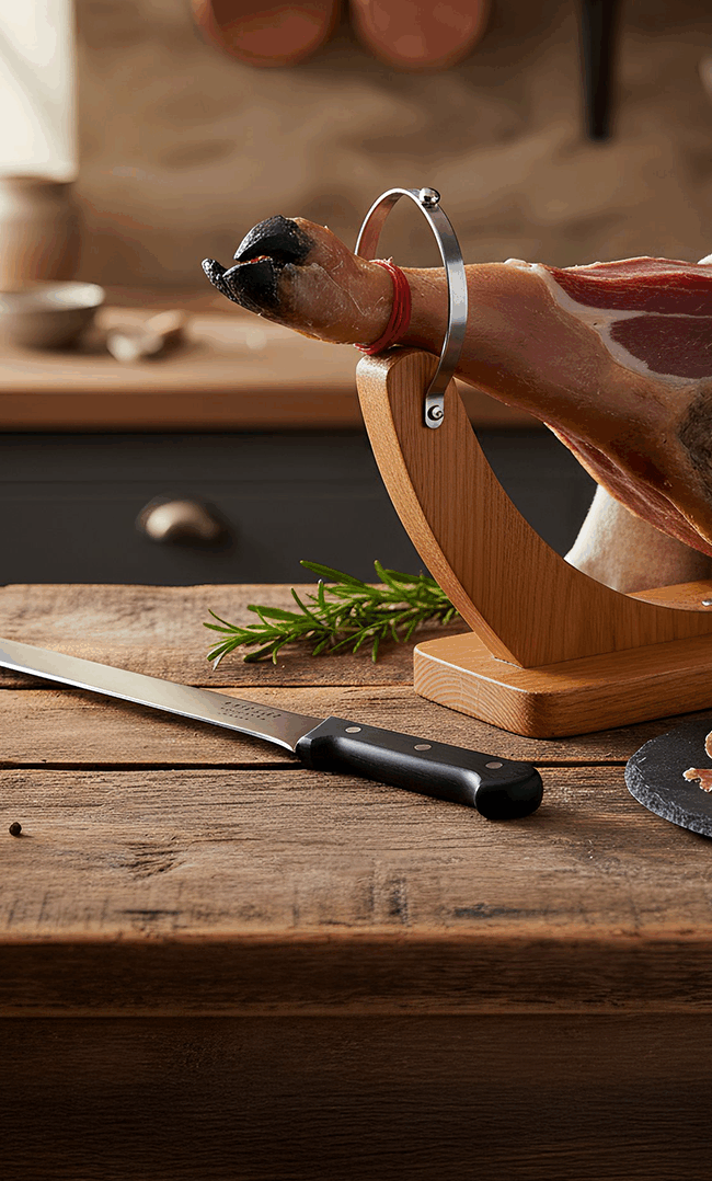 Cuchillo de jamón cortando lonchas finas en soporte jamonero