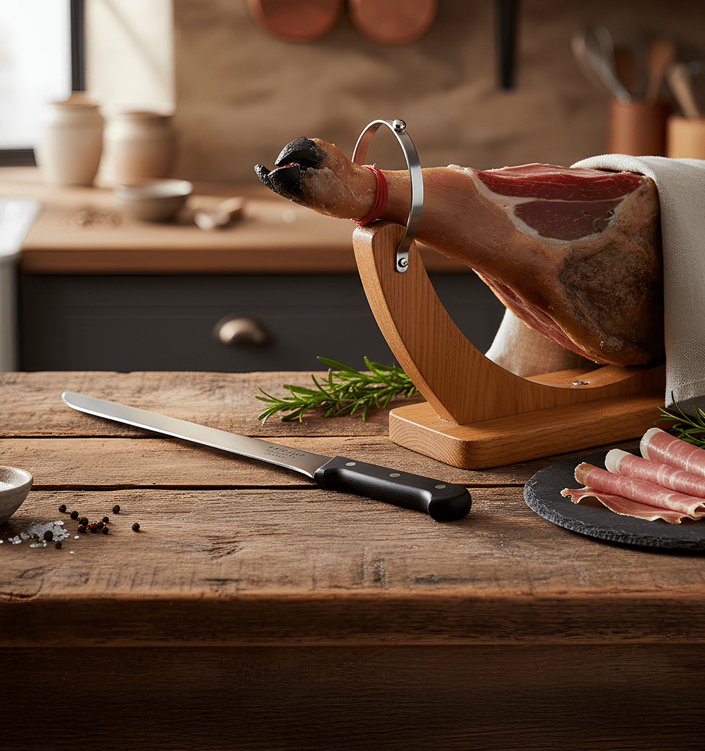 Cuchillo de jamón cortando lonchas finas en soporte jamonero