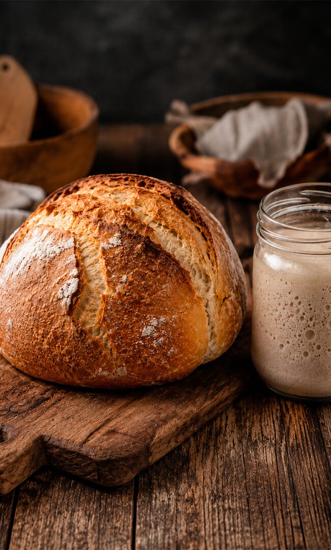 Hogaza de pan blanco con masa madre recién horneada junto a un bote de masa madre activa