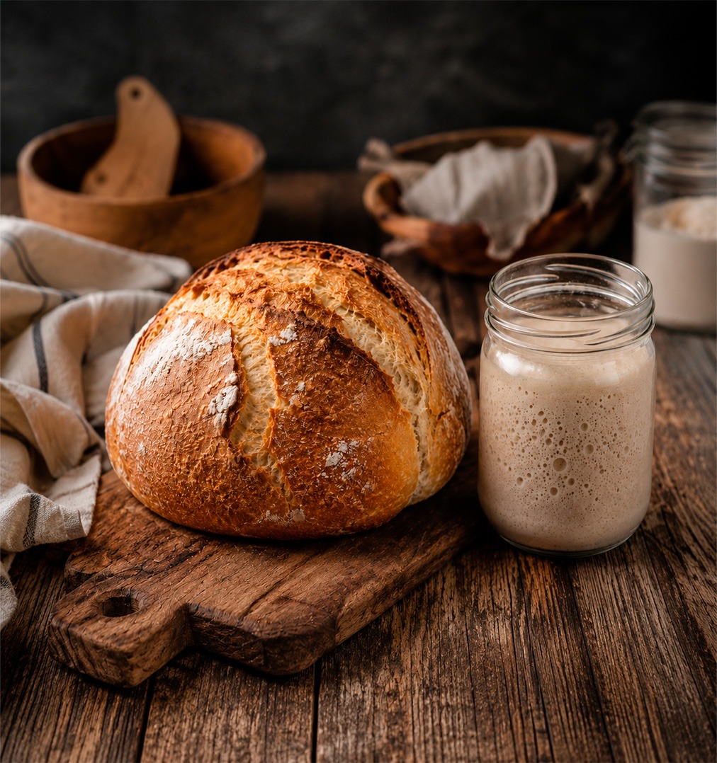 Hogaza de pan blanco con masa madre recién horneada junto a un bote de masa madre activa