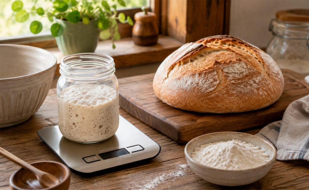 Hogaza de pan blanco con masa madre recién horneada junto a un bote de masa madre activa
