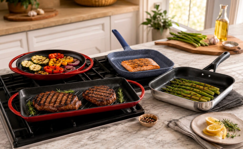 Verduras, carne y pescado cocinados en grill asador de acero inoxidable con marcas de parrilla