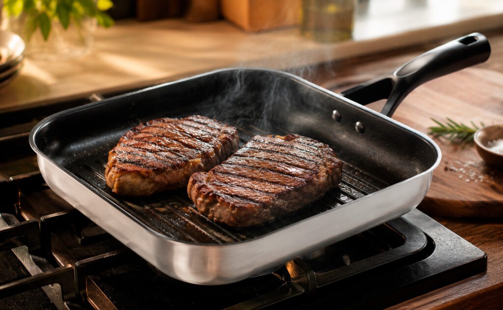 Verduras, carne y pescado cocinados en grill asador de acero inoxidable con marcas de parrilla