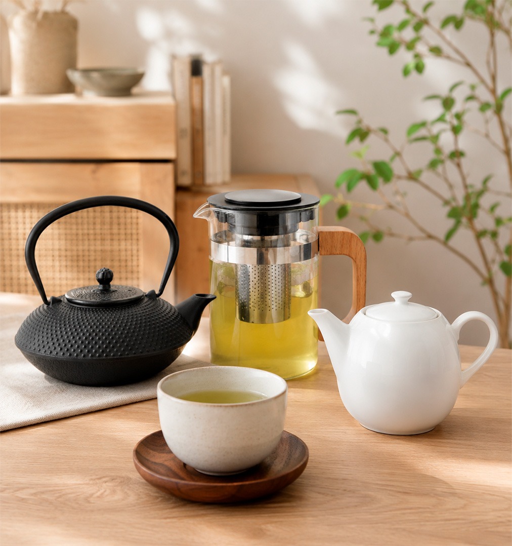 Tres teteras para infusiones: hierro negro Quid, cristal transparente Quid y porcelana blanca Prime Ariane, con sus respectivas tazas de té sobre mesa de madera