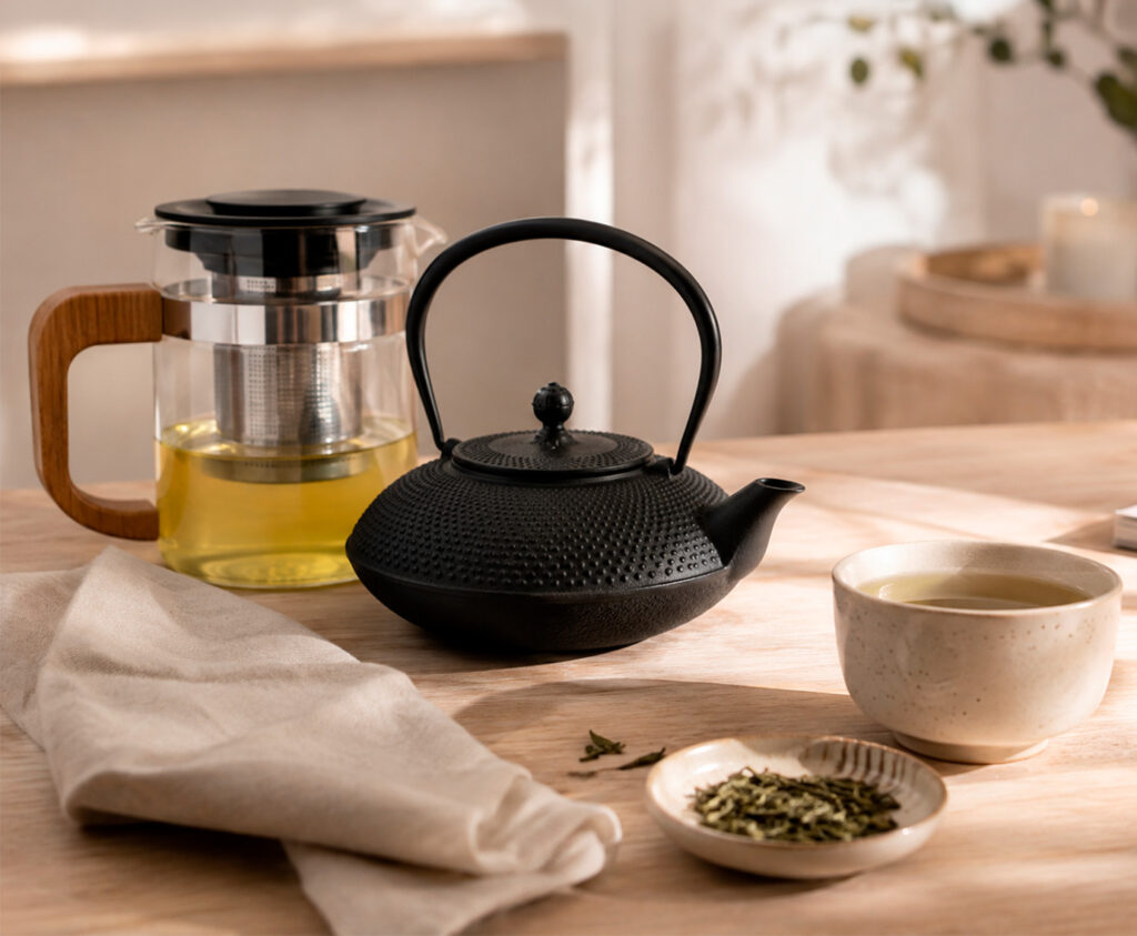 Tres teteras para infusiones: hierro negro Quid, cristal transparente Quid y porcelana blanca Prime Ariane, con sus respectivas tazas de té sobre mesa de madera