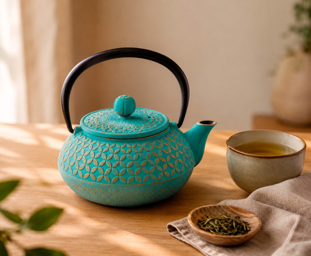 Tres teteras para infusiones: hierro negro Quid, cristal transparente Quid y porcelana blanca Prime Ariane, con sus respectivas tazas de té sobre mesa de madera