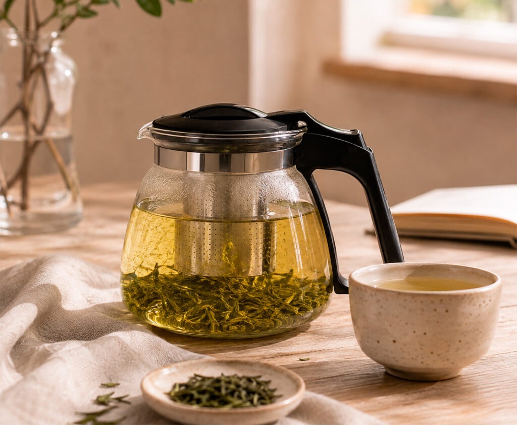 Tres teteras para infusiones: hierro negro Quid, cristal transparente Quid y porcelana blanca Prime Ariane, con sus respectivas tazas de té sobre mesa de madera