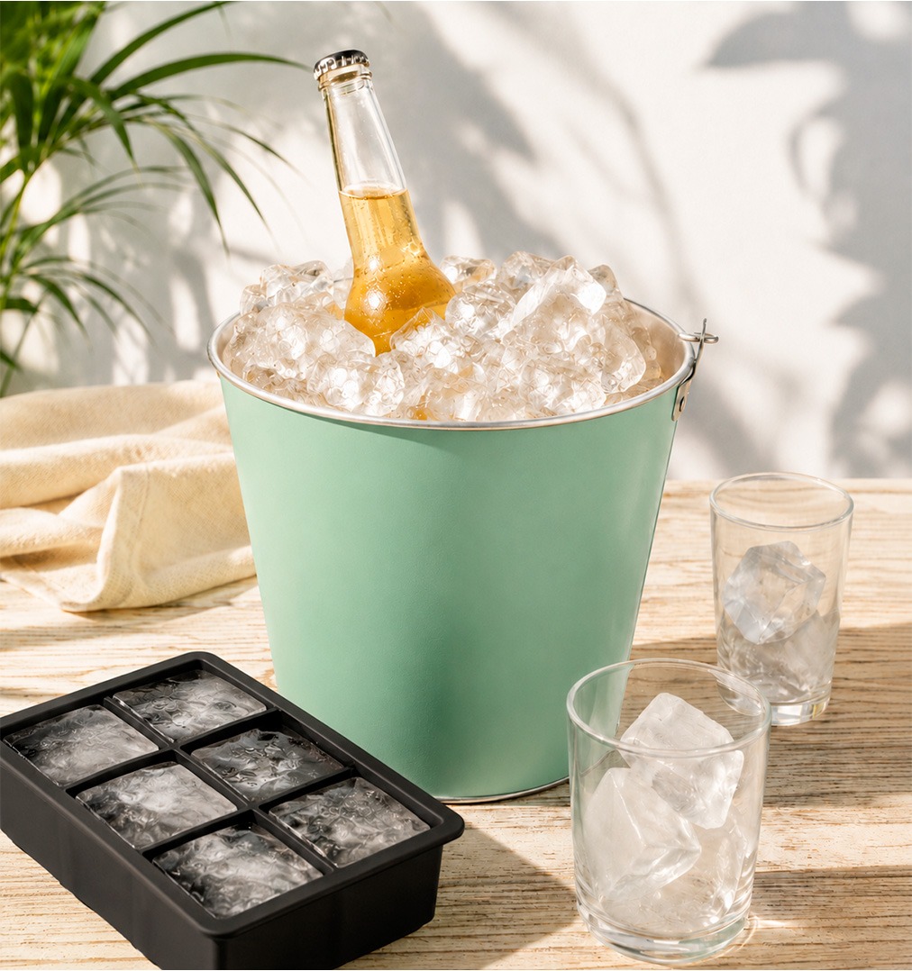 Cubitera para hielo de acero inoxidable Koala y cubitera de silicona XXL con cubitos grandes sobre mesa de verano