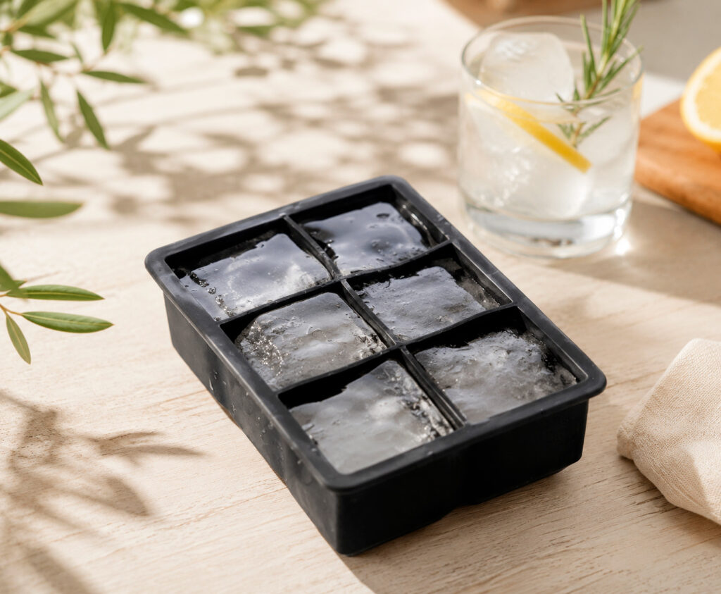 Cubitera para hielo de acero inoxidable Koala y cubitera de silicona XXL con cubitos grandes sobre mesa de verano