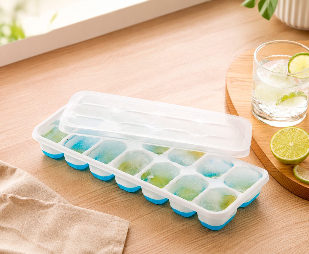 Cubitera para hielo de acero inoxidable Koala y cubitera de silicona XXL con cubitos grandes sobre mesa de verano