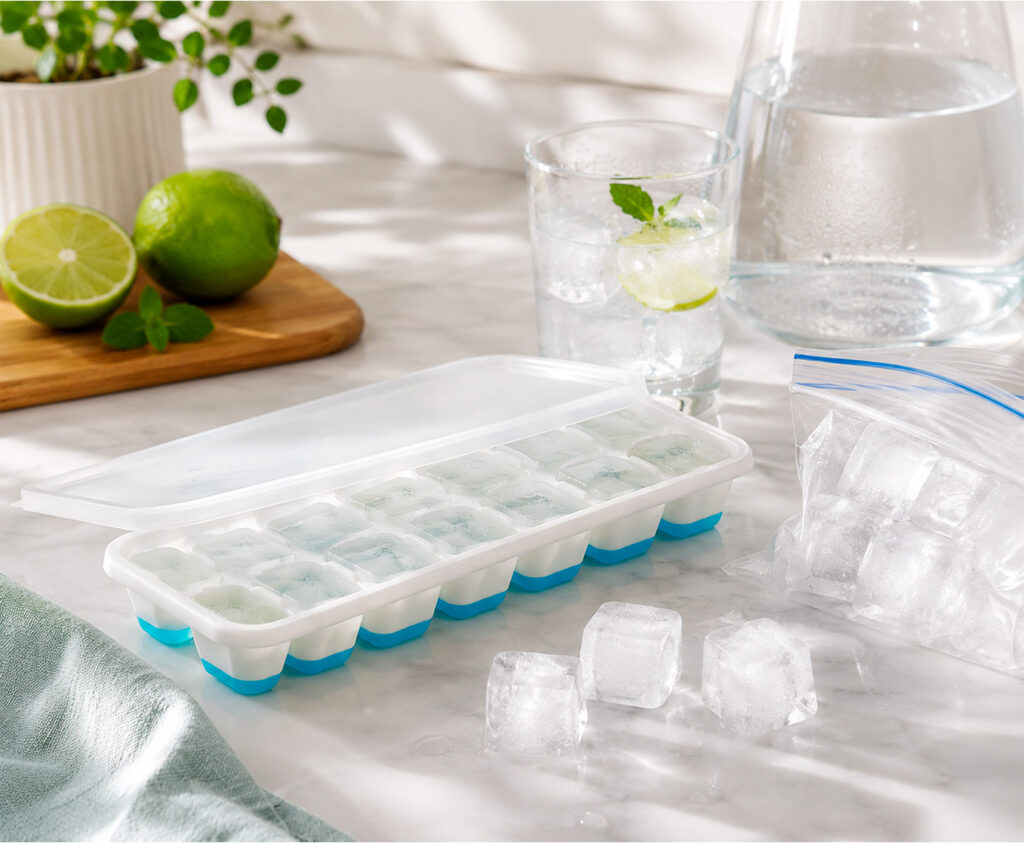 Cubitera para hielo de acero inoxidable Koala y cubitera de silicona XXL con cubitos grandes sobre mesa de verano