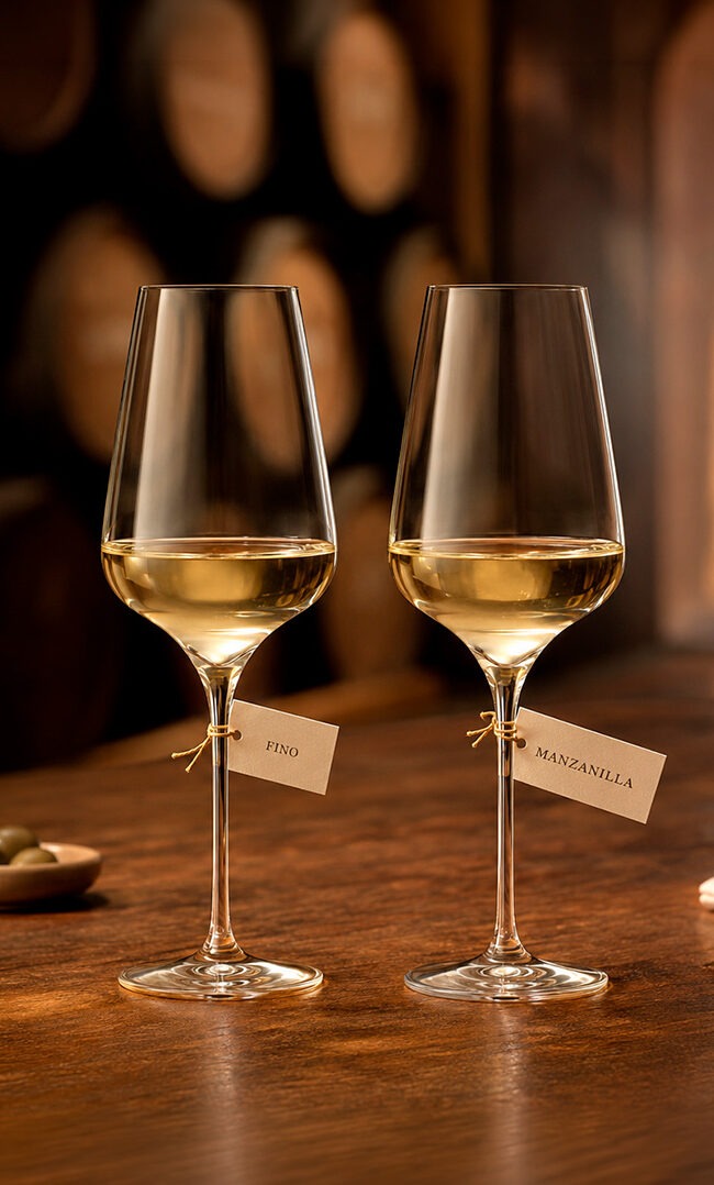Copa de fino y copa de manzanilla lado a lado: diferencia entre los dos vinos de Jerez
