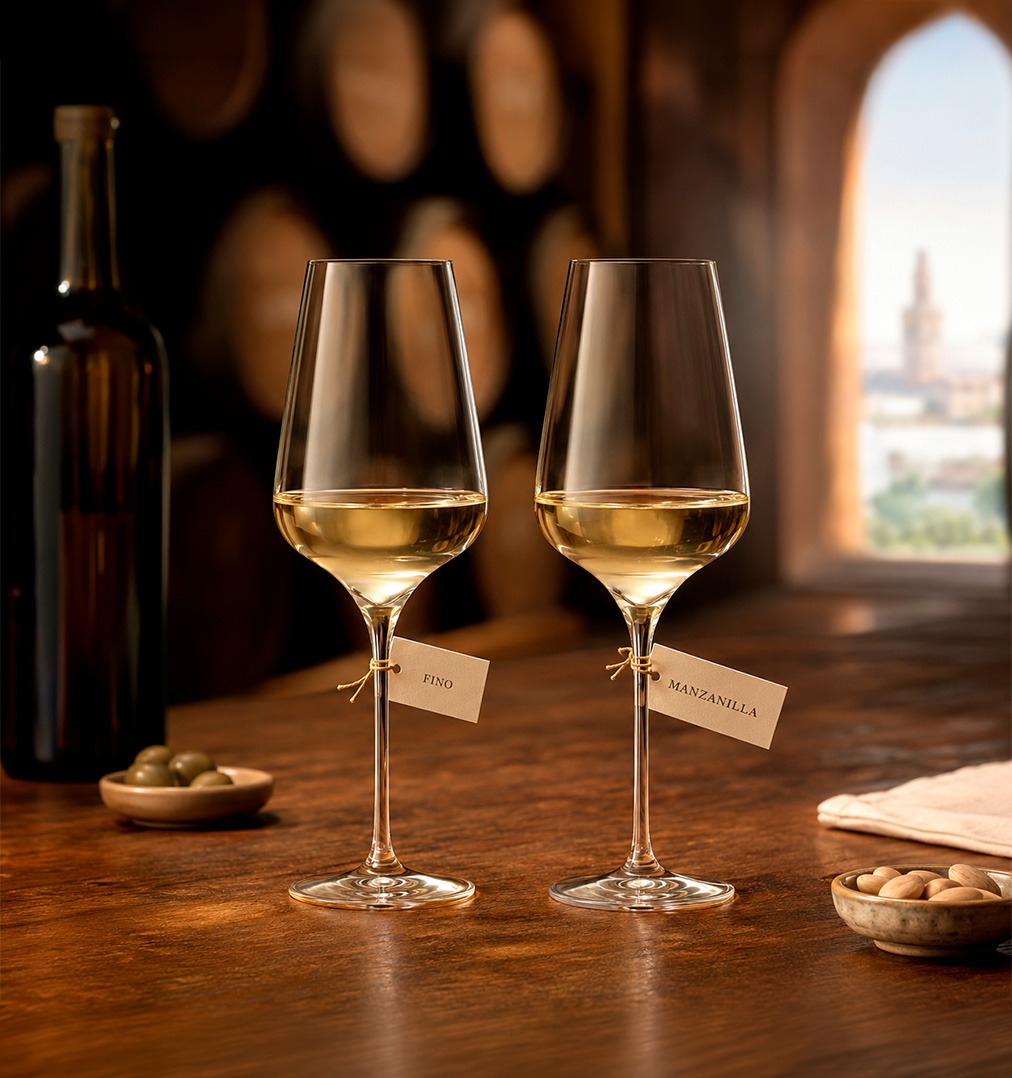 Copa de fino y copa de manzanilla lado a lado: diferencia entre los dos vinos de Jerez