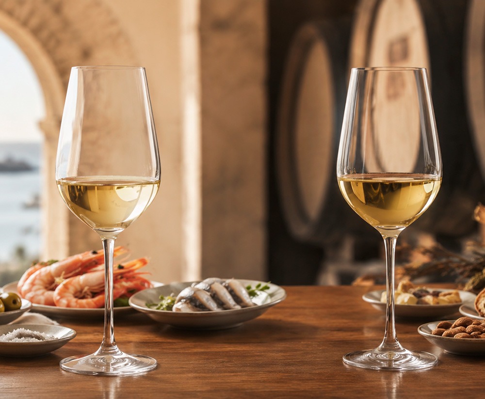 Copa de fino y copa de manzanilla lado a lado: diferencia entre los dos vinos de Jerez