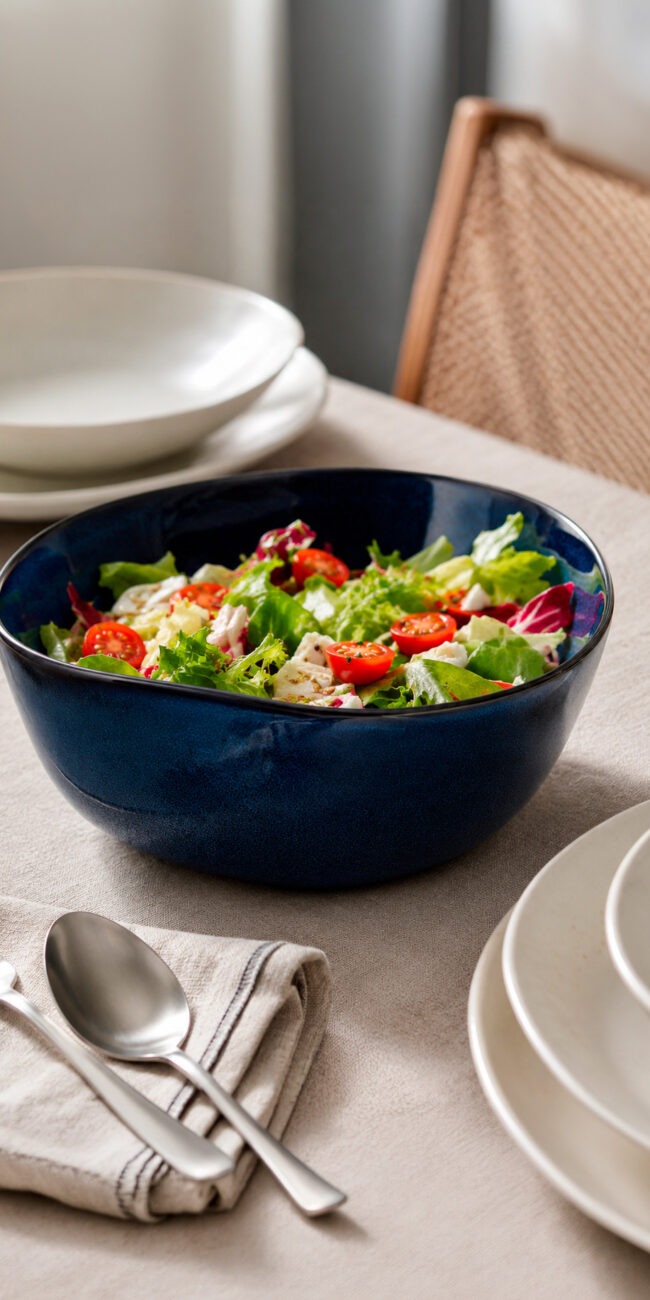 Ensaladera original de cerámica azul con ensalada de temporada en mesa de comedor bien puesta