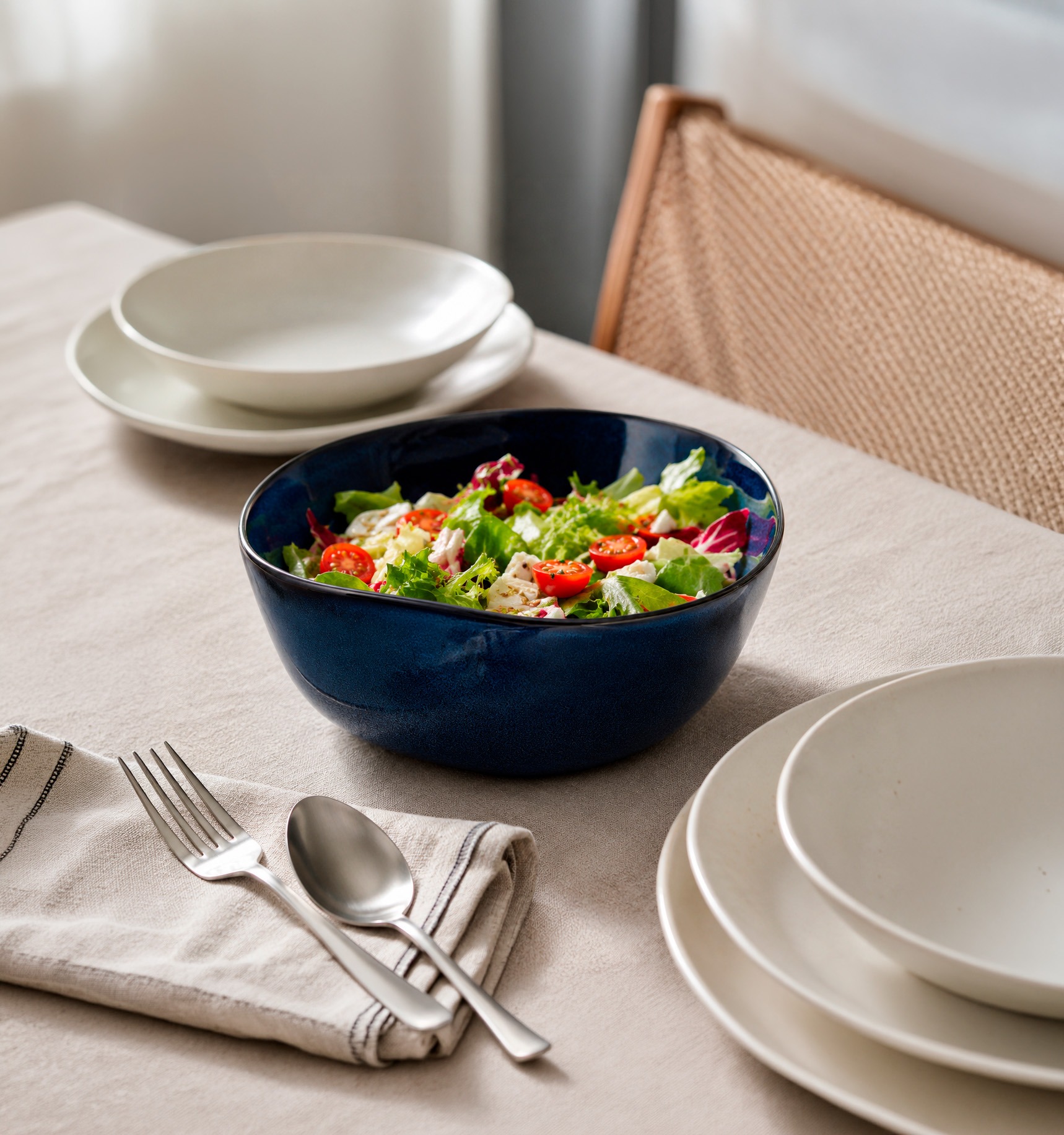 Ensaladera original de cerámica azul con ensalada de temporada en mesa de comedor bien puesta