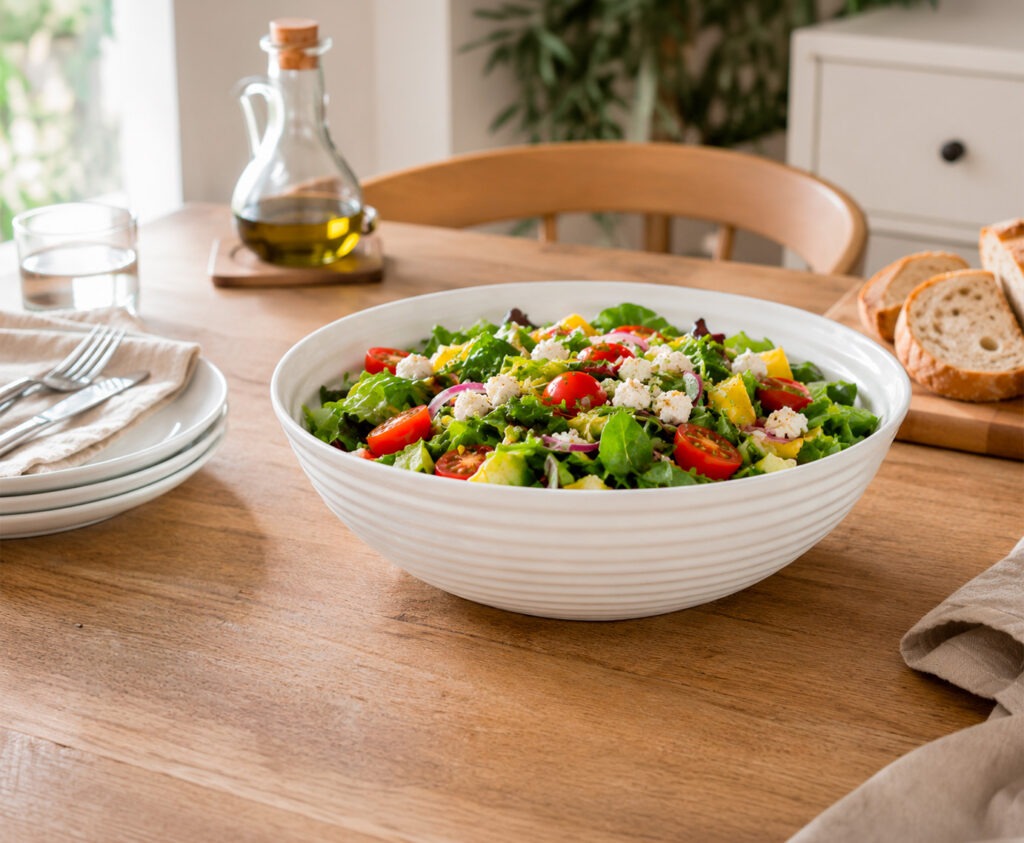 Ensaladera original de cerámica azul con ensalada de temporada en mesa de comedor bien puesta