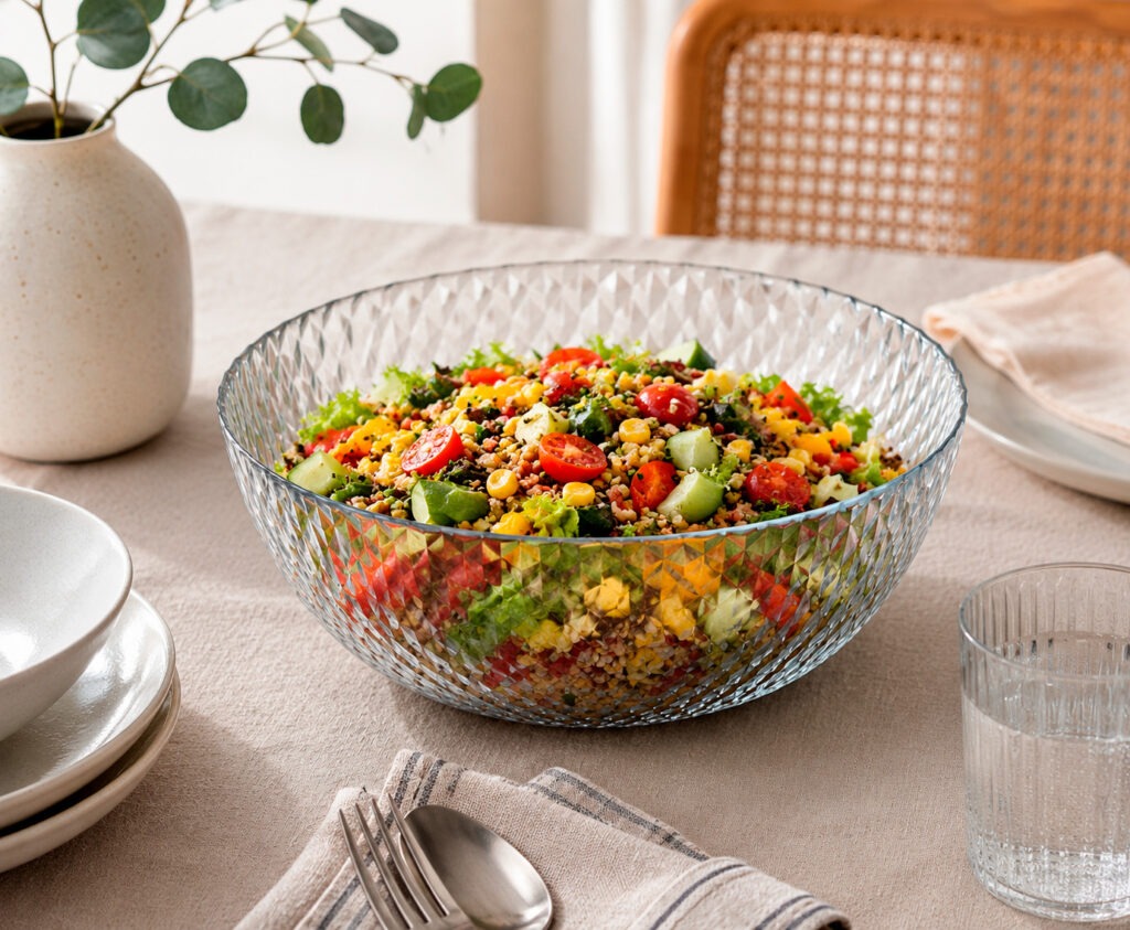 Ensaladera original de cerámica azul con ensalada de temporada en mesa de comedor bien puesta