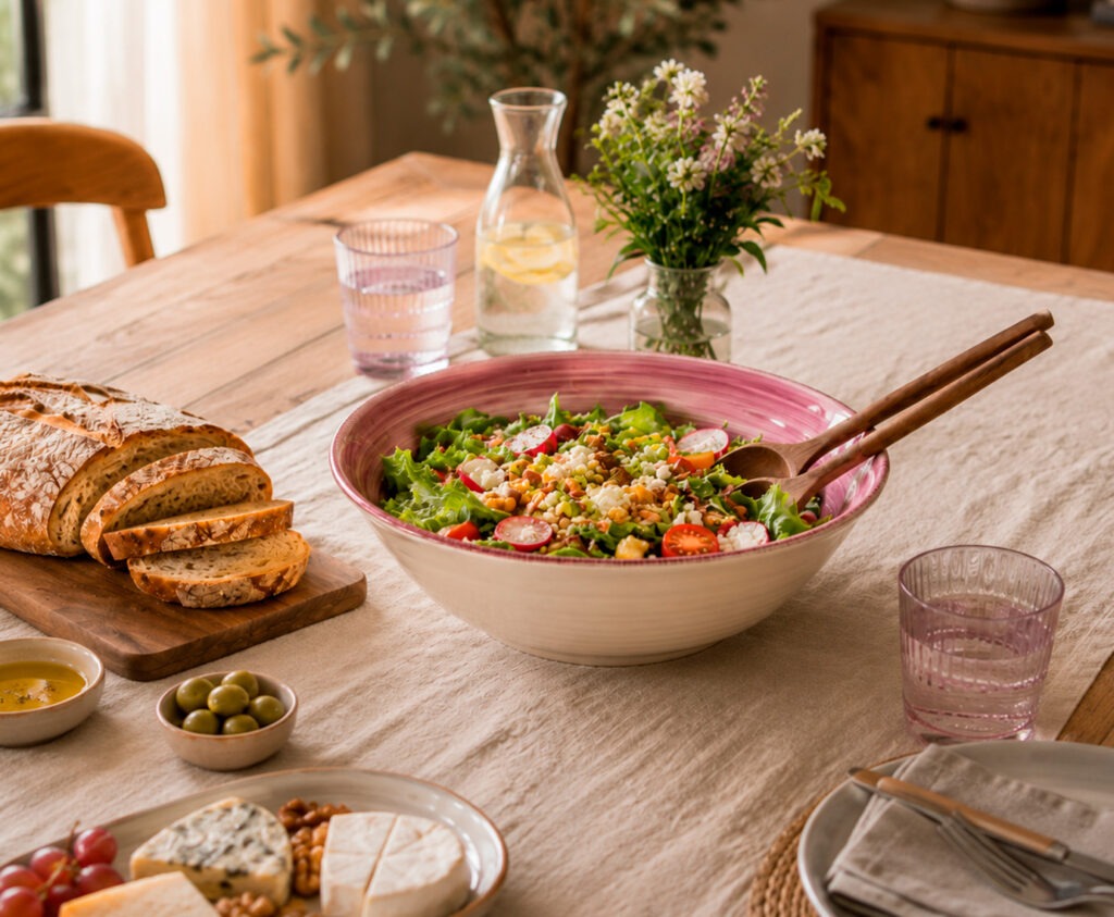 Ensaladera original de cerámica azul con ensalada de temporada en mesa de comedor bien puesta