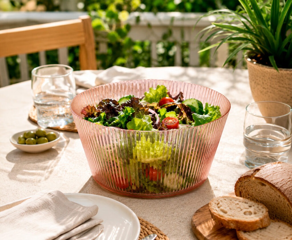 Ensaladera original de cerámica azul con ensalada de temporada en mesa de comedor bien puesta