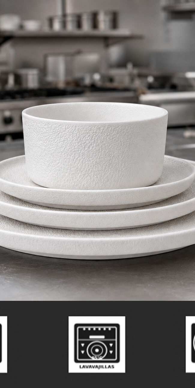 Vajilla para hostelería con iconos técnicos: lavavajillas 85°C, microondas, apilable, choque térmico y vitrificado — porcelana Bidasoa y vidrio opal Arcoroc