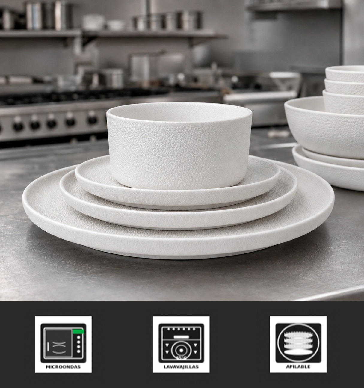 Vajilla para hostelería con iconos técnicos: lavavajillas 85°C, microondas, apilable, choque térmico y vitrificado — porcelana Bidasoa y vidrio opal Arcoroc