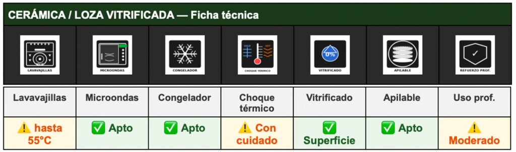 Vajilla para hostelería con iconos técnicos: lavavajillas 85°C, microondas, apilable, choque térmico y vitrificado — porcelana Bidasoa y vidrio opal Arcoroc