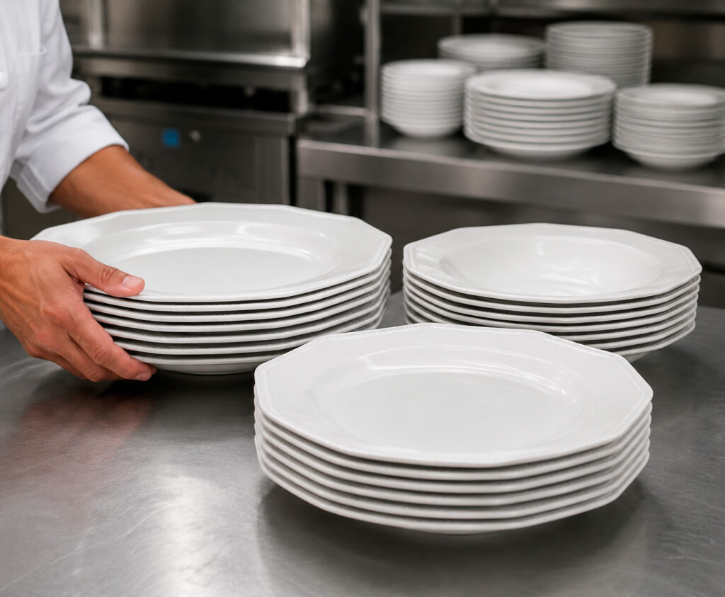 Vajilla para hostelería con iconos técnicos: lavavajillas 85°C, microondas, apilable, choque térmico y vitrificado — porcelana Bidasoa y vidrio opal Arcoroc