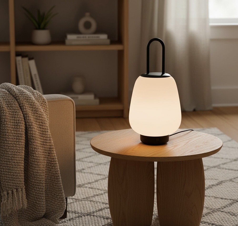 Lámpara de mesita de noche moderna sobre mesilla decorada